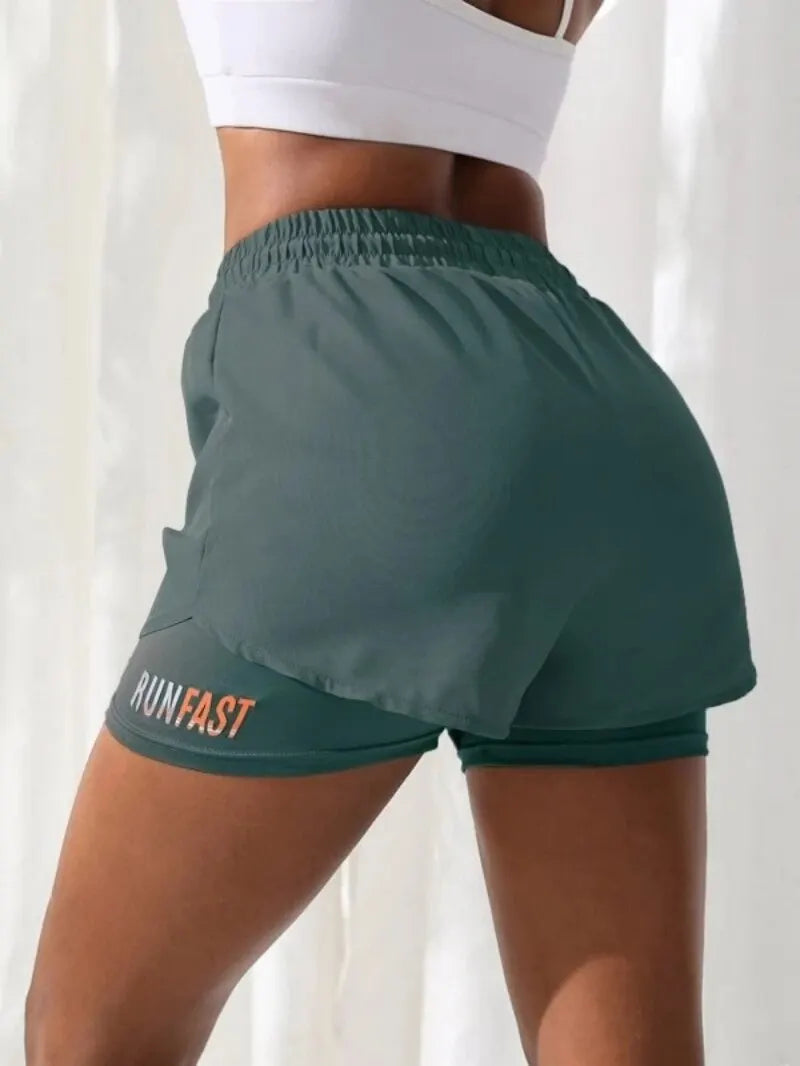 Pantalones cortos de yoga de tiro alto para mujer con control de proximidad elástico, pantalones cortos para correr, pantalones falsos de dos piezas