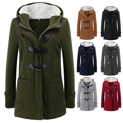 Abrigos de invierno para mujer, chaqueta gruesa con forro de sherpa, abrigo con capucha y botones de cuerno, abrigo cálido de lana mezclada con bolsillos