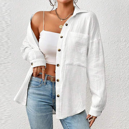 camisa informal de manga larga con cuello vuelto, elegante para mujer