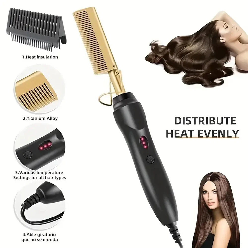 Cepillos de pelo eléctricos dorados para mujer, peine Alisador, peine caliente de cobre, rizador de presión térmica, cepillo alisador de peinado, 220V