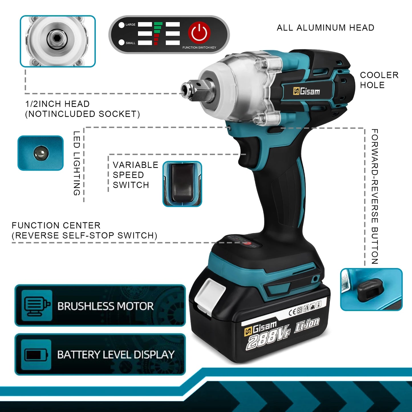 Gisam-llave de impacto eléctrica sin escobillas, destornillador de batería Makita de 18V, 1/2 pulgadas, 520n. M