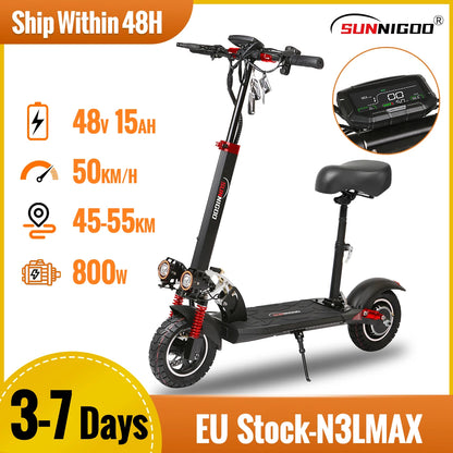 Patinete eléctrico potente de 800 W, 48 V, 15 Ah, velocidad máxima de 50 km/h, alcance de 50 km, neumáticos de 10 pulgadas, doble absorción de impactos, patinete eléctrico plegable para adultos