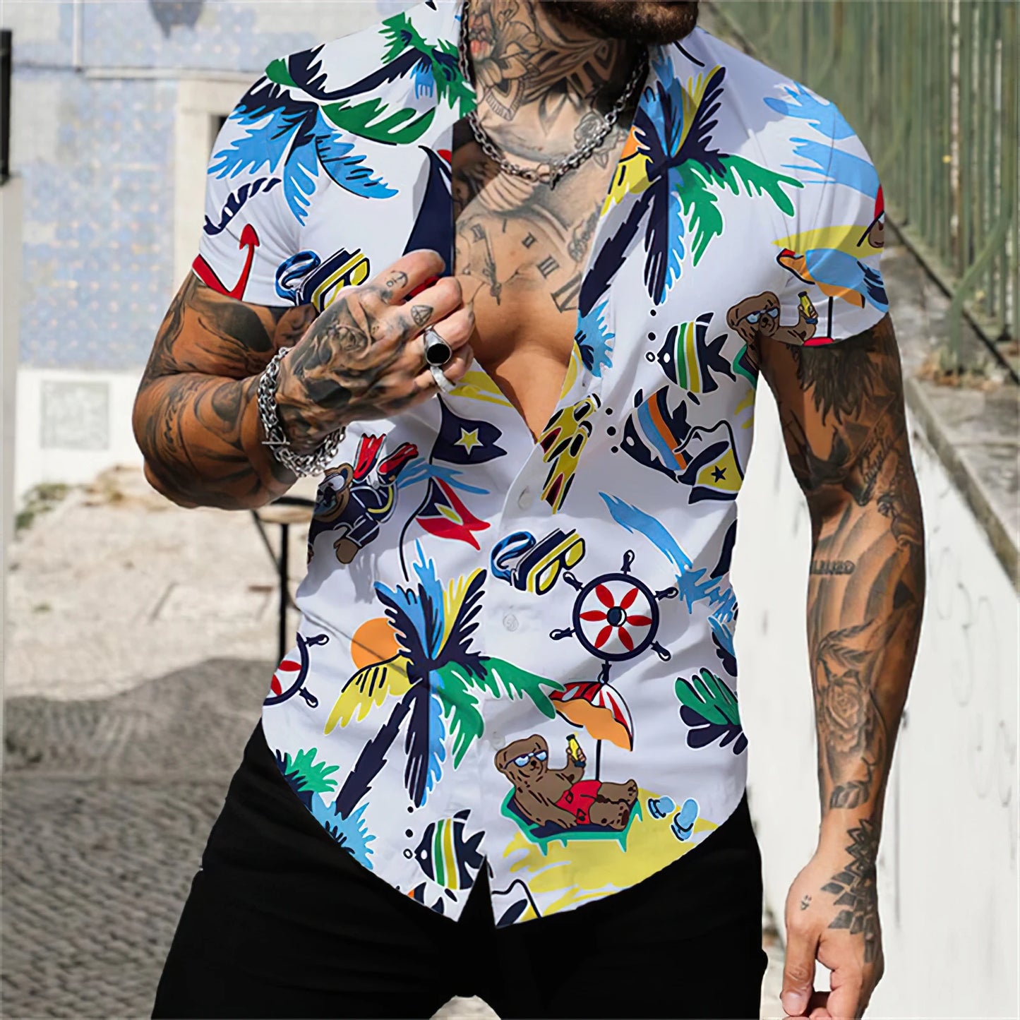 camisa hawaiana de moda para hombre, ropa de calle de manga corta con estampado 3D de rayas y retazos, ropa de playa para hombre