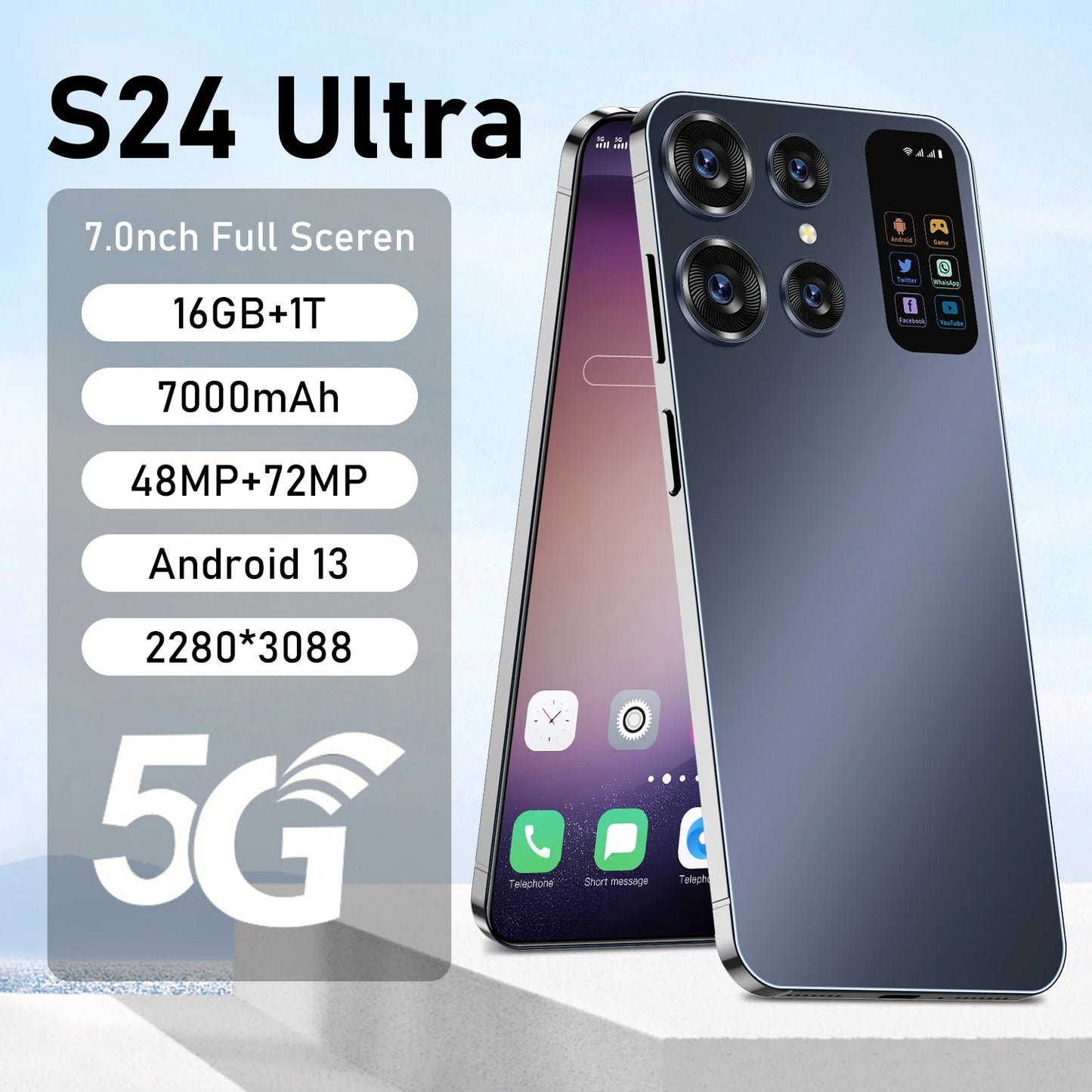 Teléfono inteligente S24 Ultra versión global Snapdragon8 Gen2 16G+1T 7000mAh 48+72MP 4G/5G Android Teléfono móvil Dual SIM Desbloqueo facial