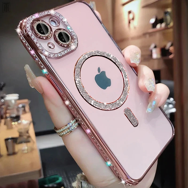 Funda transparente de lujo con diamantes de cristal para iPhone, cubierta magnética de carga inalámbrica, brillante, Magsafe, iPhone 15, 11, 12, 13, 14 Pro Max Plus