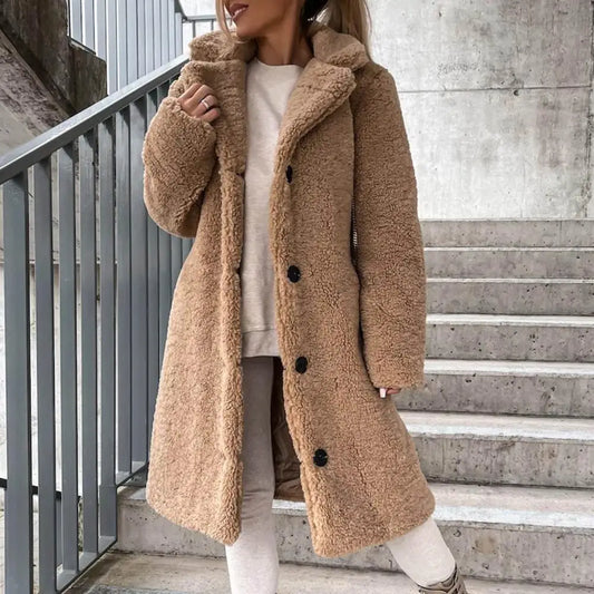 Abrigo de mujer de moda Otoño Invierno Gabardina de mujer Estilo largo Color puro Chaqueta de peluche de un solo pecho a prueba de viento