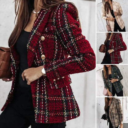 chaquetas blazer de mujer con estampado de cuadros y solapa de manga larga, chaqueta de otoño, cárdigan grueso cruzado, abrigo formal de negocios de invierno para mujer