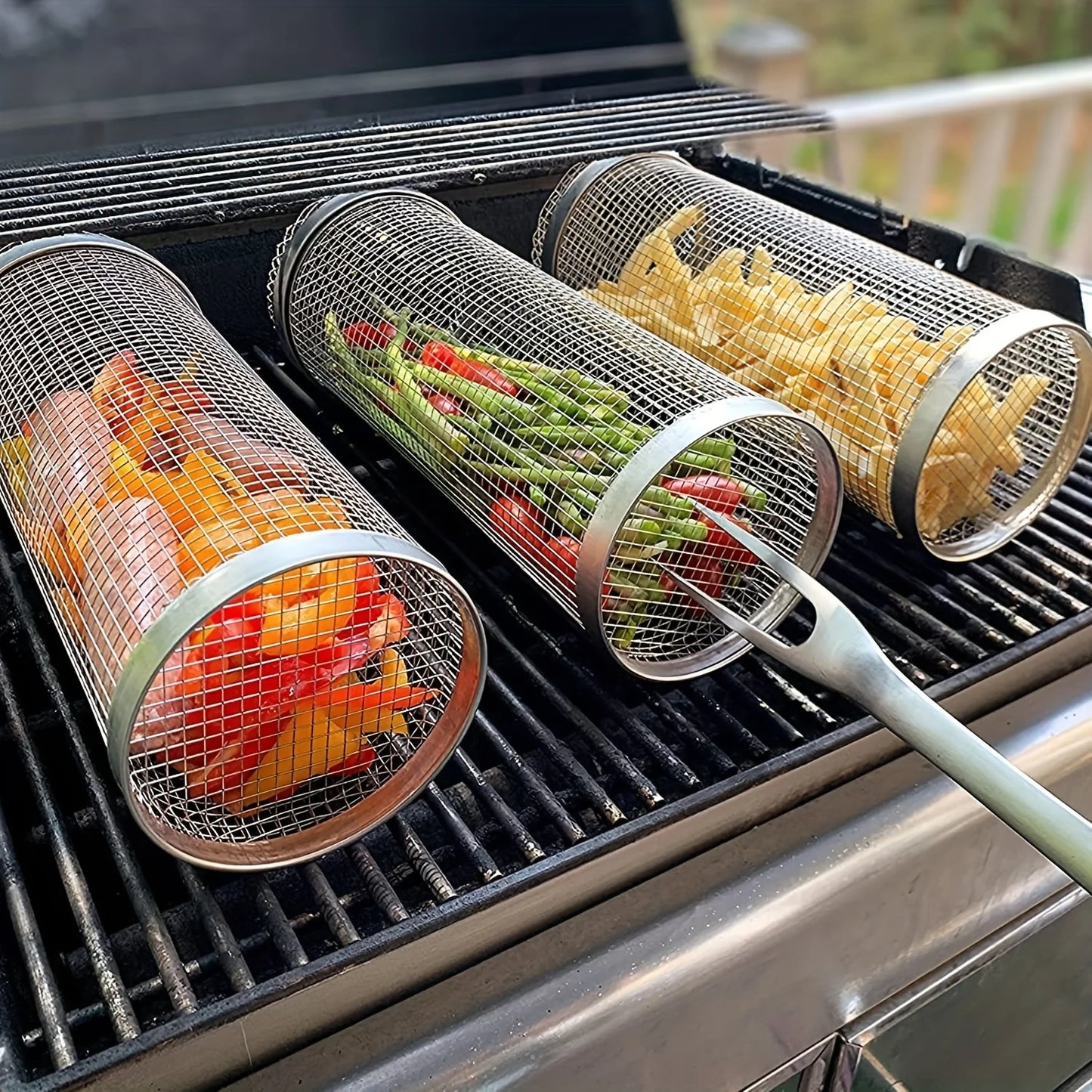 Cesta para parrilla rodante para barbacoa, rejilla de acero inoxidable, rejilla redonda para parrilla, rejilla para cocinar verduras, patatas fritas, pescado