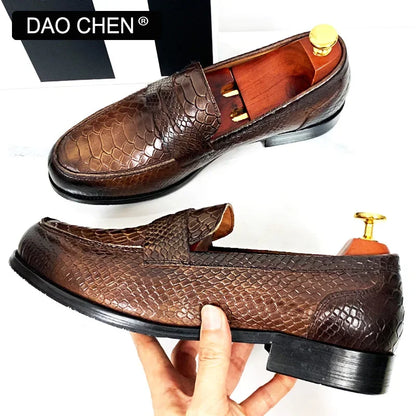 LUXURY MEN LEATHER SHOES BLACK COFFEE SLIP ON SNAKE PRINT DRESS MEN'S CASUAL SHOES WEDDING OFFICE BANQUET Loafers Shoes For Men