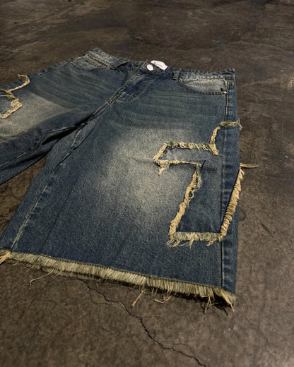 Pantalones cortos vaqueros holgados con parches para hombre, ropa de calle