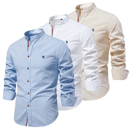 Camisa de lino 100% algodón nueva para hombre, camisas de marca con bordado de color sólido, blusas de alta calidad, blusas casuales de manga larga con botones