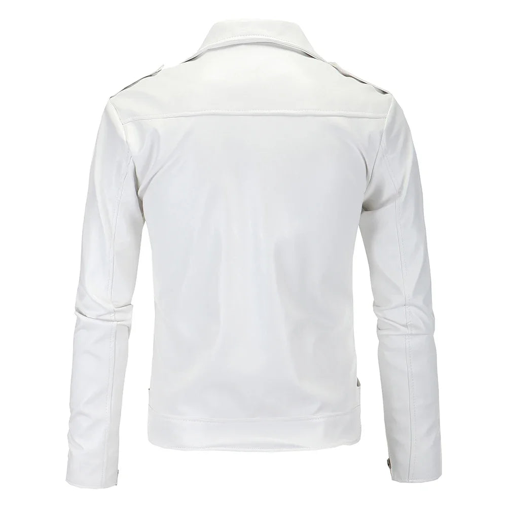 Chaquetas de cuero para hombre nuevas chaquetas de cuero PU para motocicleta con cremallera diagonal y solapa informal en blanco y negro, ropa para hombre