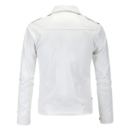 Chaquetas de cuero para hombre nuevas chaquetas de cuero PU para motocicleta con cremallera diagonal y solapa informal en blanco y negro, ropa para hombre