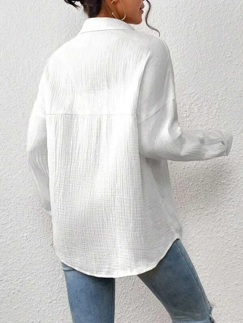 camisa informal de manga larga con cuello vuelto, elegante para mujer