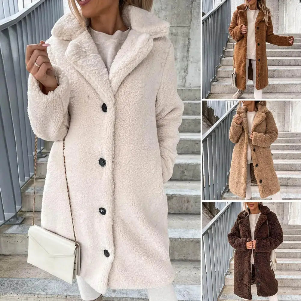 Abrigo de mujer de moda Otoño Invierno Gabardina de mujer Estilo largo Color puro Chaqueta de peluche de un solo pecho a prueba de viento