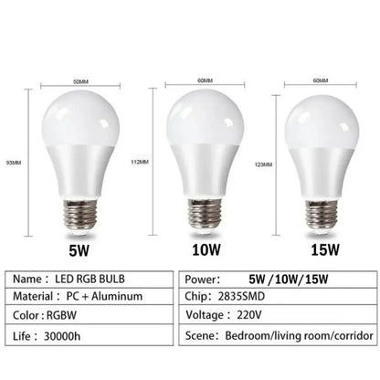 Luz Led RGB E27, lámpara de Control inteligente regulable, 5W, 10W, 15W, lámpara Led RGBW, bombilla cambiante de colores, lámpara Led RGBW, decoración blanca para el hogar