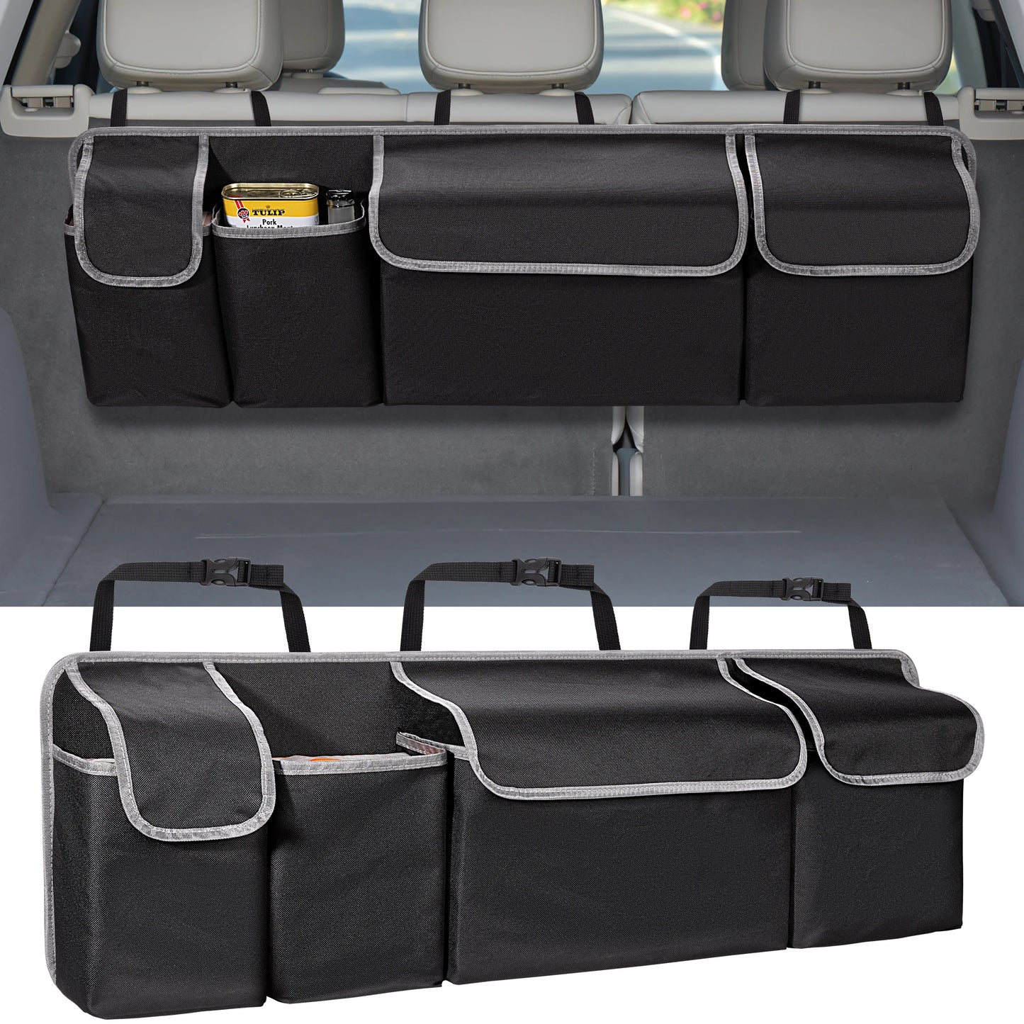 Organizador de maletero de coche para SUV, organizador colgante para asiento trasero de camión, MPV, bolsas de almacenamiento de asiento trasero mejoradas con 4 bolsillos de 39x14 pulgadas