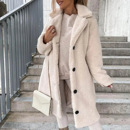 Abrigo de mujer de moda Otoño Invierno Gabardina de mujer Estilo largo Color puro Chaqueta de peluche de un solo pecho a prueba de viento