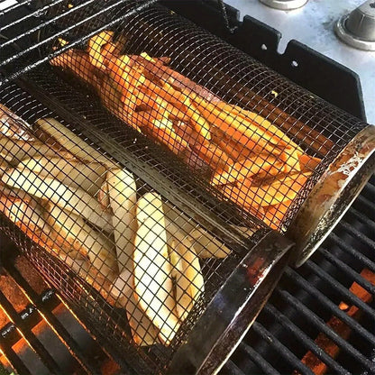 Cesta para parrilla rodante para barbacoa, rejilla de acero inoxidable, rejilla redonda para parrilla, rejilla para cocinar verduras, patatas fritas, pescado