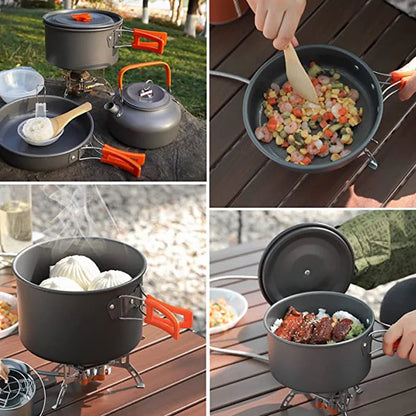 Juego de utensilios de cocina de aluminio para acampar al aire libre con bolsa de malla Juego de cocina plegable Tetera y sartenes para cocinar Cocina de camping Equipo