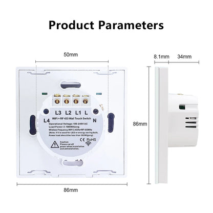 Interruptor de luz táctil inteligente Tuya Wifi para EE. UU./UE, interruptor de luz LED remoto inalámbrico, no requiere cable neutro, 1-4 entradas, Alexa y Google Home