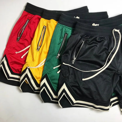 Pantalones cortos de baloncesto a rayas para hombre, pantalones cortos deportivos para entrenamiento en el gimnasio con bolsillos con cremallera, ropa deportiva transpirable de secado rápido de malla