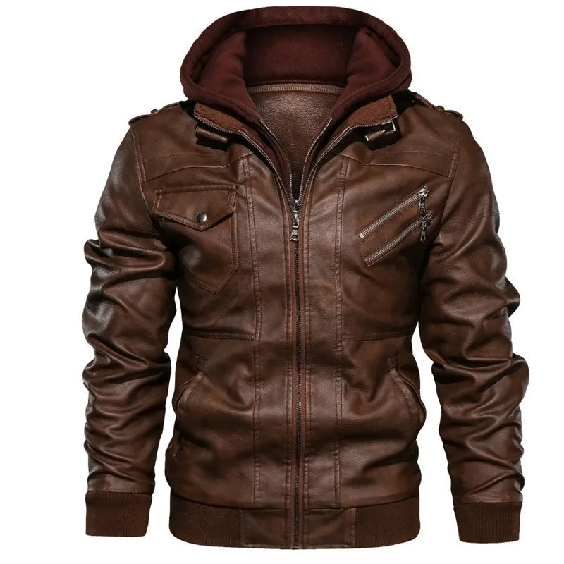 chaquetas de cuero para motocicleta, sombrero desmontable, chaquetas de cuero con capucha para hombre, abrigos de cuero casuales delgados