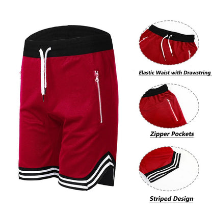 Pantalones cortos de baloncesto a rayas para hombre, pantalones cortos deportivos para entrenamiento en el gimnasio con bolsillos con cremallera, ropa deportiva transpirable de secado rápido de malla