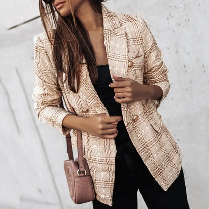 chaquetas blazer de mujer con estampado de cuadros y solapa de manga larga, chaqueta de otoño, cárdigan grueso cruzado, abrigo formal de negocios de invierno para mujer