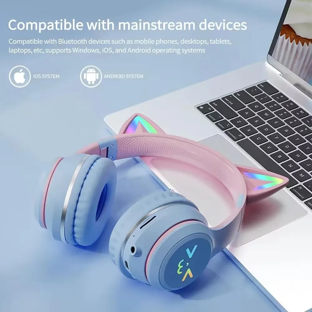 Auriculares portátiles con luz RGB y control por Bluetooth, reducción de ruido con orejas de gato, auriculares inalámbricos con Bluetooth para PC y Gamer