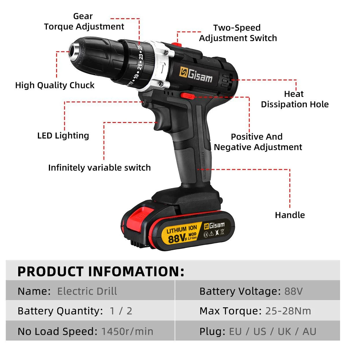 Taladro de impacto inalámbrico, destornillador eléctrico, martillo eléctrico, Mini taladro de mano, batería de iones de litio, herramientas eléctricas, 88VF