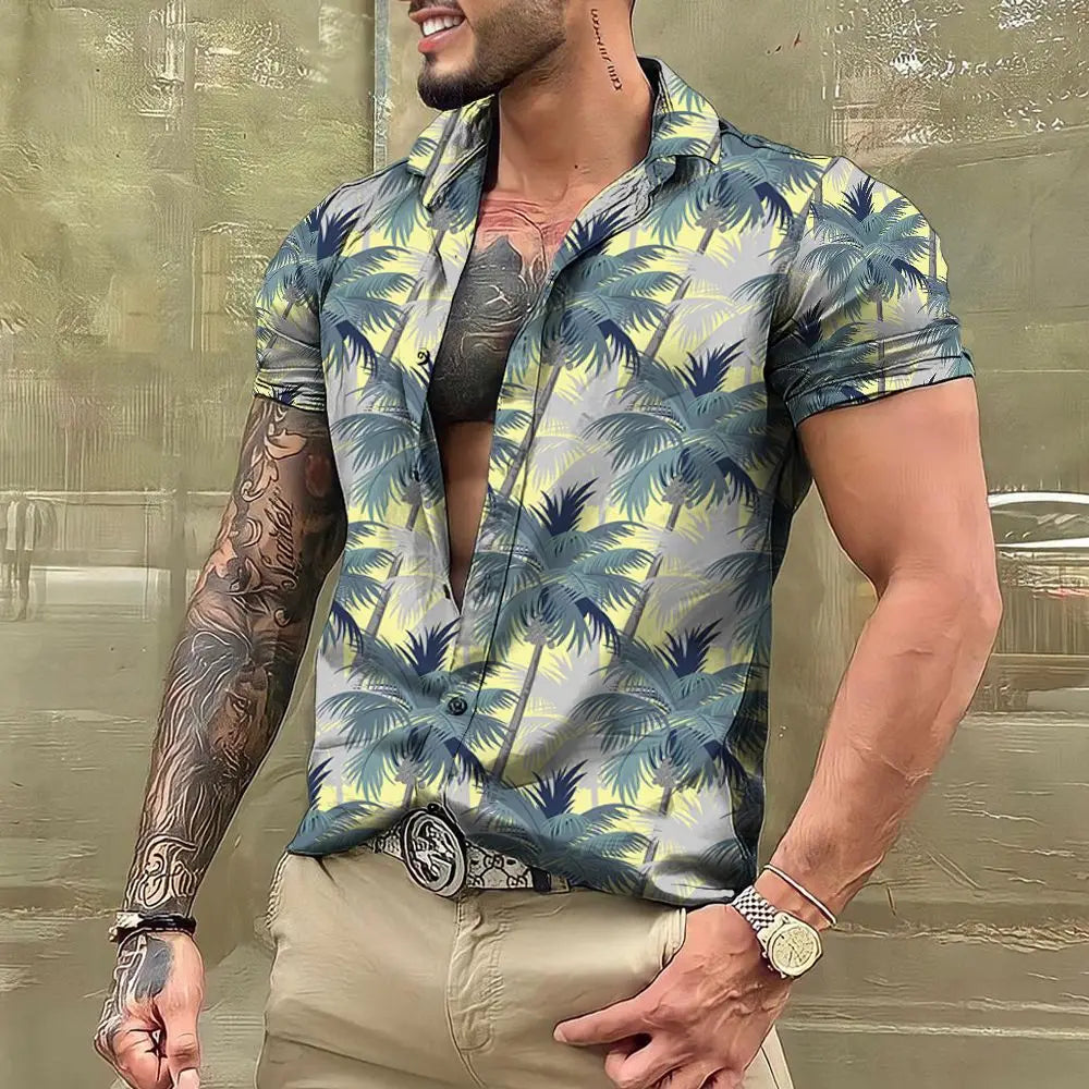 Camisas de cocoteros  para hombre, camisa con estampado 3D para hombre, camisetas de playa de manga corta  blusa de moda para hombre, camisa