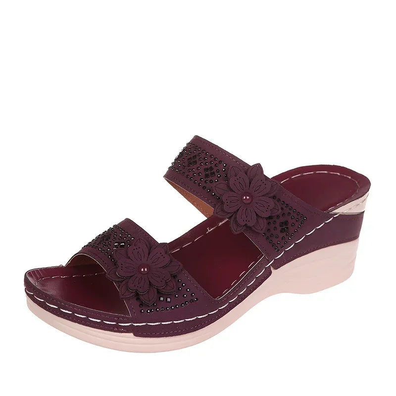 Zapatillas de verano para mujer, zapatos de talla grande, sandalias romanas Retro, sandalias informales  Pu con cuña de flores