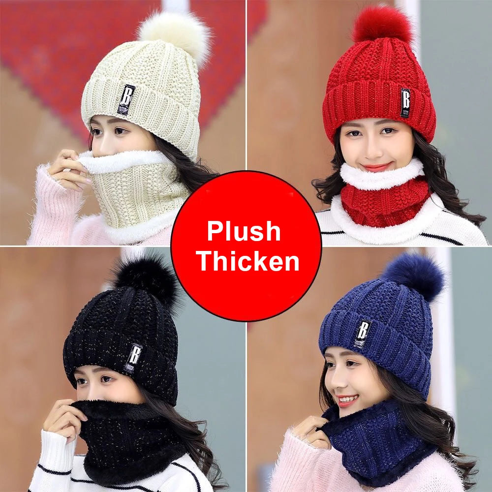 Conjunto de gorro y bufanda de punto para mujer, gorros gruesos y cálidos, gorros sólidos para montar en la nieve al aire libre, gorros de esquí para niña, Invierno