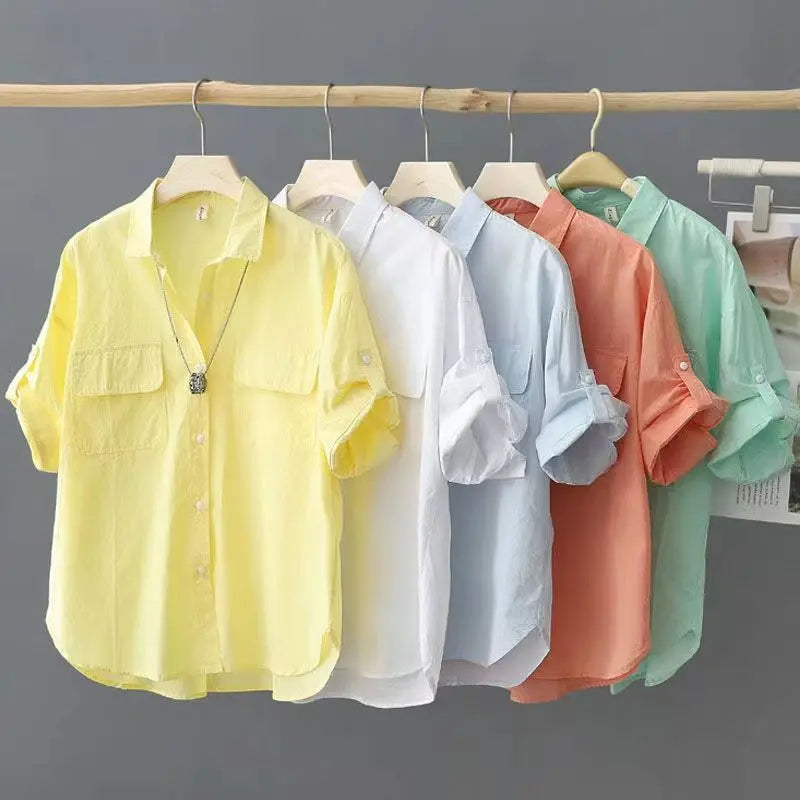 Camisas y Blusas de manga corta de algodón para mujer, blusa de moda de Color sólido