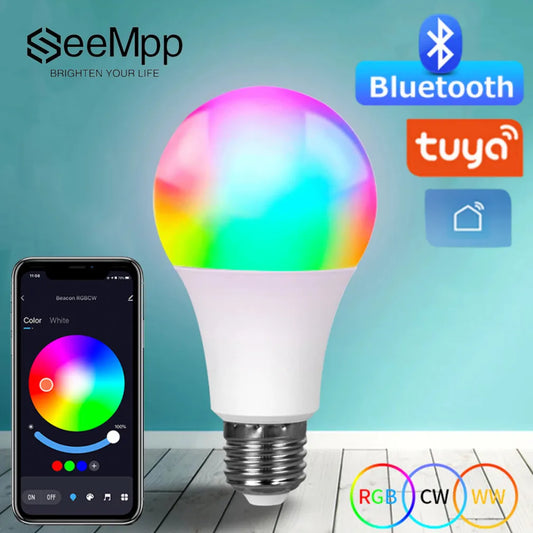 Bombilla LED E27 inalámbrica Bluetooth Smart Tuya APP Control regulable 15W RGB + CW + WW bombilla LED de cambio de Color Compatible con IOS/Android