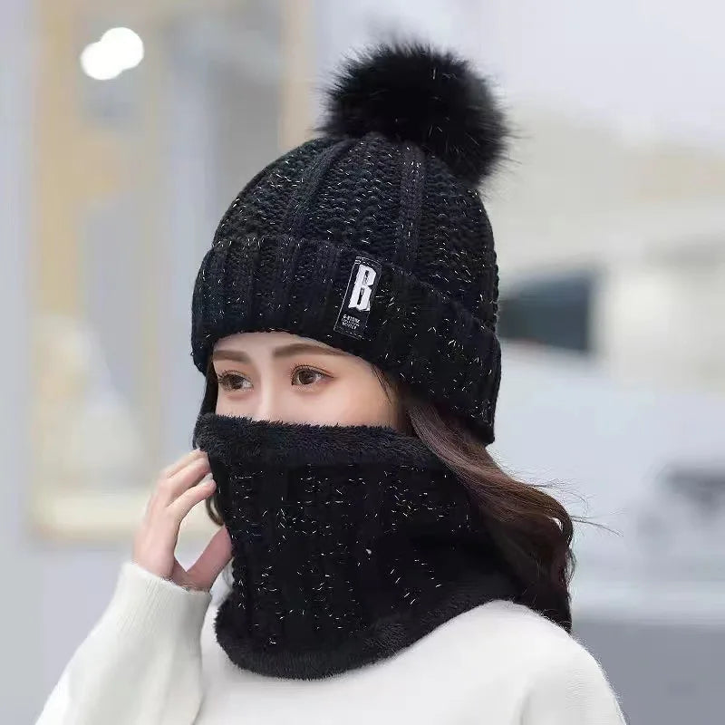 Conjunto de gorro y bufanda de punto para mujer, gorros gruesos y cálidos, gorros sólidos para montar en la nieve al aire libre, gorros de esquí para niña, Invierno