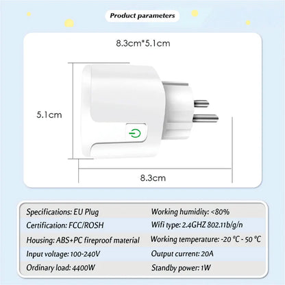 Enchufe inteligente UE 16A/20A CA 100-240V Wifi Enchufe inteligente Toma de corriente Control de voz Alexa Google Home Tuya Smart Life APP