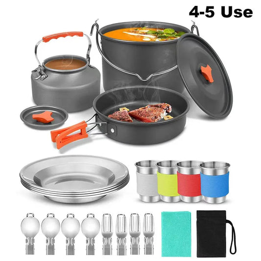 Juego de utensilios de cocina de aluminio para acampar al aire libre con bolsa de malla Juego de cocina plegable Tetera y sartenes para cocinar Cocina de camping Equipo