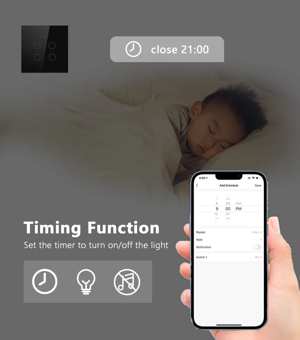 Interruptor de luz táctil inteligente Tuya Wifi para EE. UU./UE, interruptor de luz LED remoto inalámbrico, no requiere cable neutro, 1-4 entradas, Alexa y Google Home
