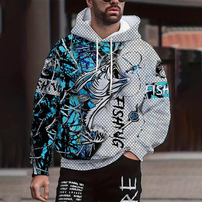 Sudadera con capucha con estampado floral 3D y patrón de pesca informal para hombre, sudadera con capucha de otoño/invierno sudadera con capucha de manga larga con estampado  para hombre