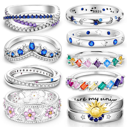 Nuevos anillos para mujer, 100 % plata de ley 925, con forma de estrella y luna, anillos de circonita de colores, joyería fina para bodas, compromisos y cumpleaños