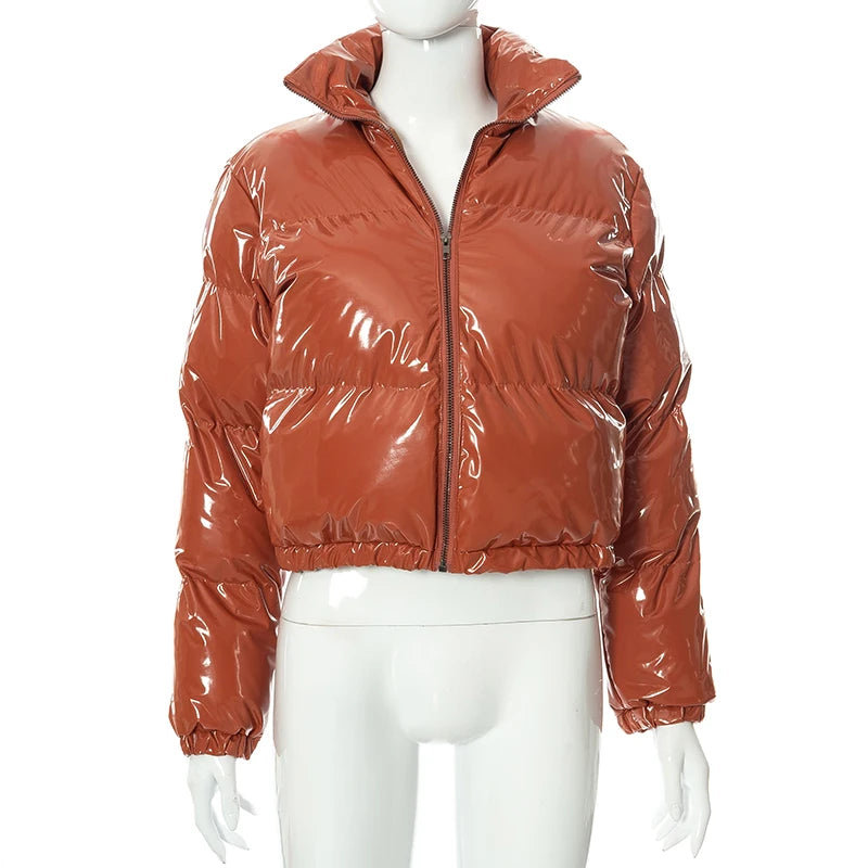 chaqueta , Invierno Y2K Cuello alto Cremallera Manga larga Brillante Pu Grueso Cárdigan Abrigo Mujer Nieve Cálido Delgado Casual Ropa de Calle Otoño