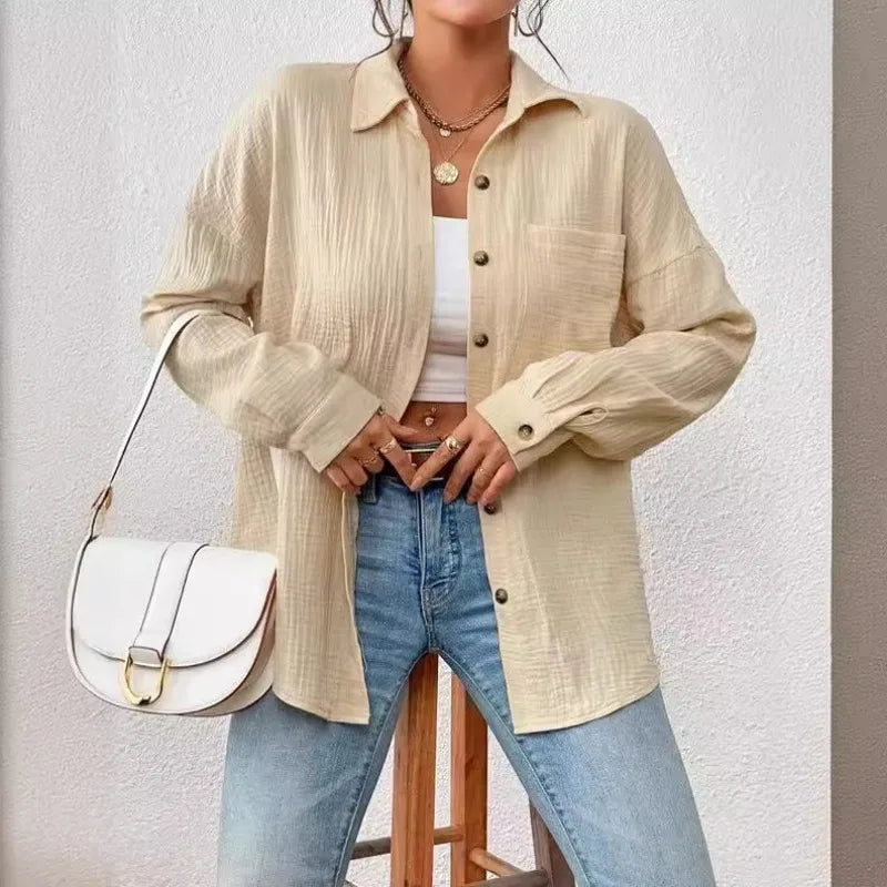 camisa informal de manga larga con cuello vuelto, elegante para mujer