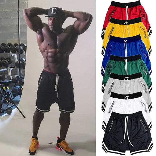 Pantalones cortos de baloncesto a rayas para hombre, pantalones cortos deportivos para entrenamiento en el gimnasio con bolsillos con cremallera, ropa deportiva transpirable de secado rápido de malla