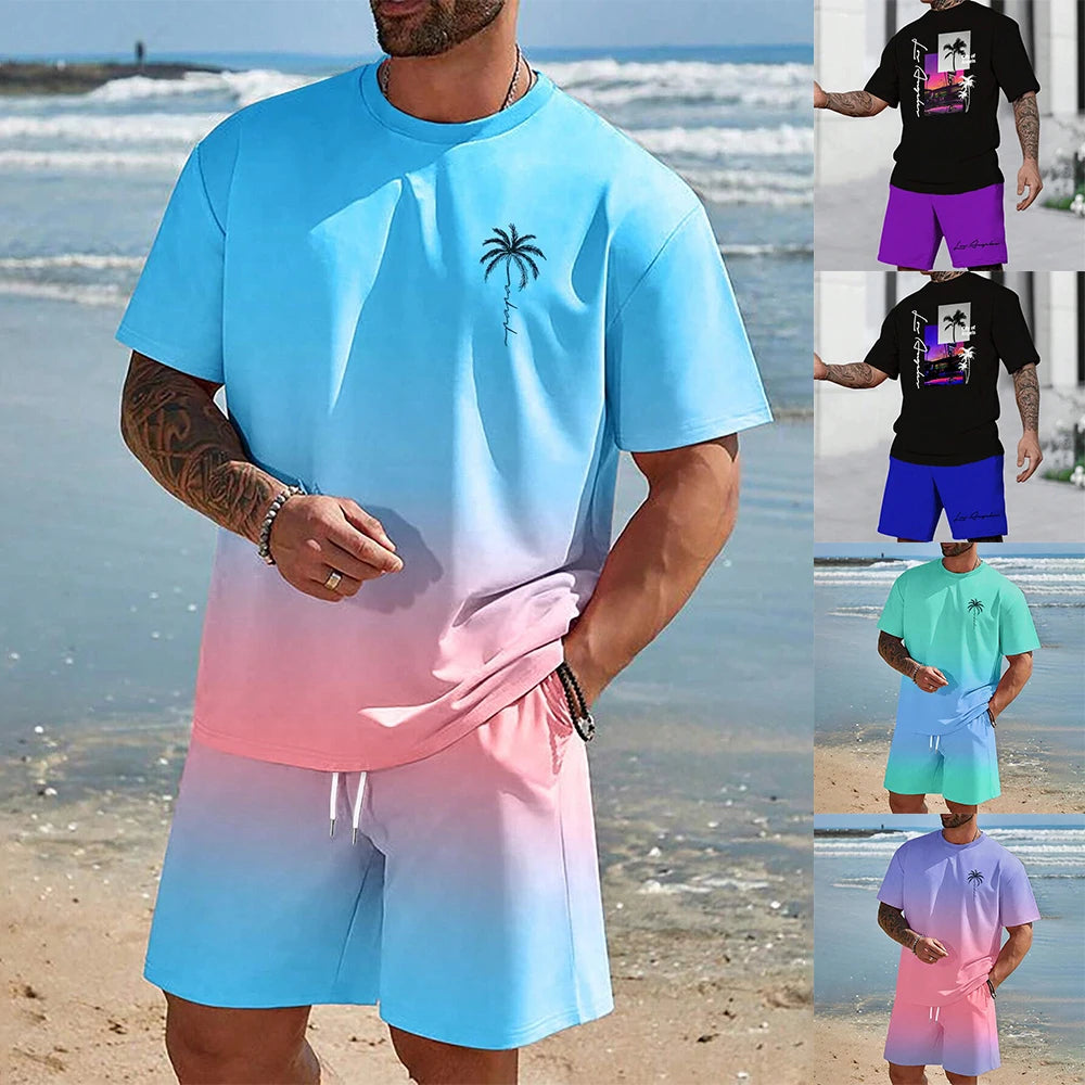 Conjunto hawaiano de camisa de manga corta de playa de moda europea y americana para hombre, conjunto de pantalones cortos casuales de playa Dopamine, suave y cómodo