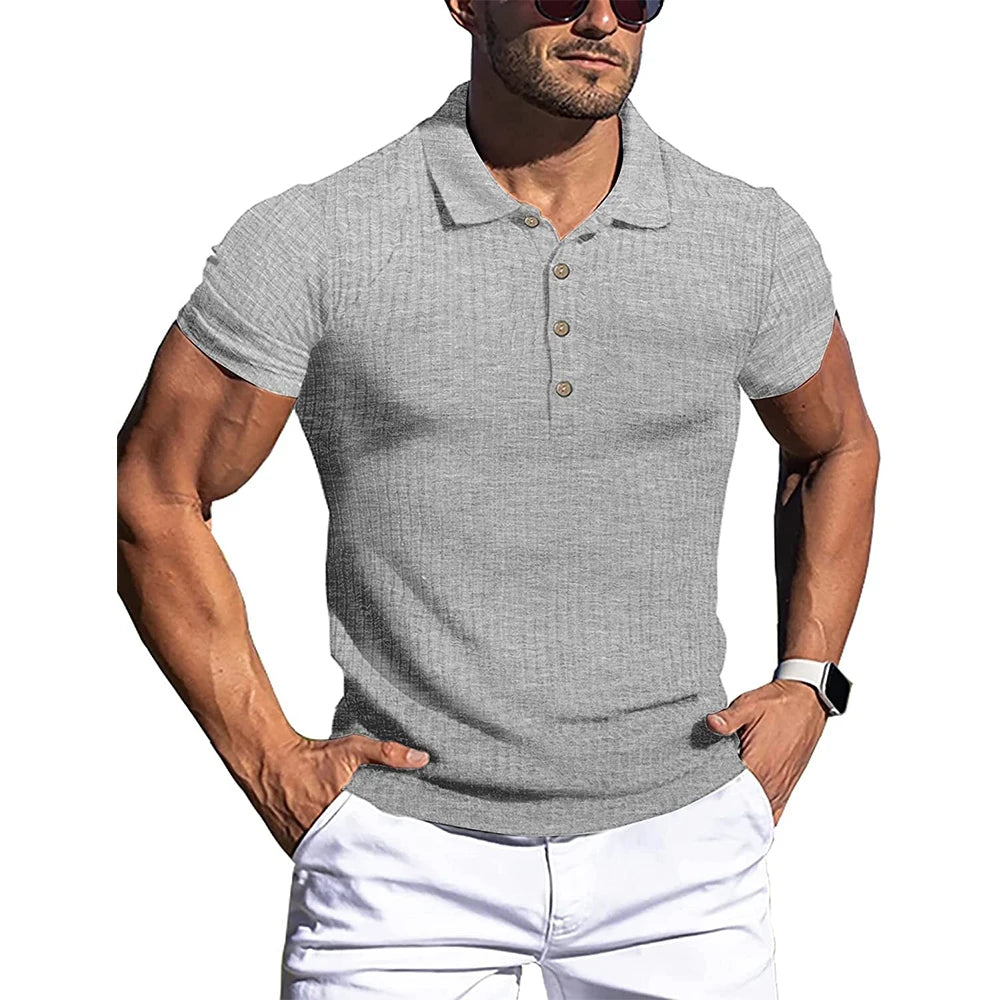 Polo de manga corta para hombre, camisas elásticas de Fitness a rayas sólidas, cuello levantado a la moda, novedad de verano