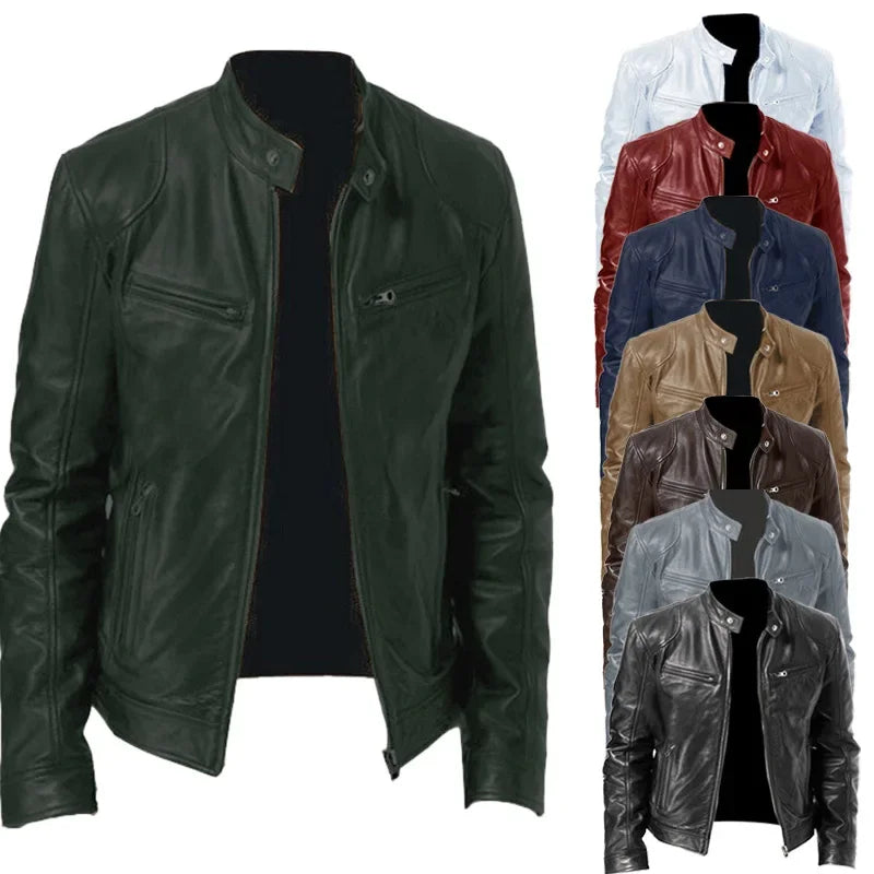 Chaqueta de cuero para hombre, otoño invierno, para negocios, con cremallera cálida, bolsillo tipo cárdigan, chaqueta de cuero PU, cuello alto, abrigo ajustado