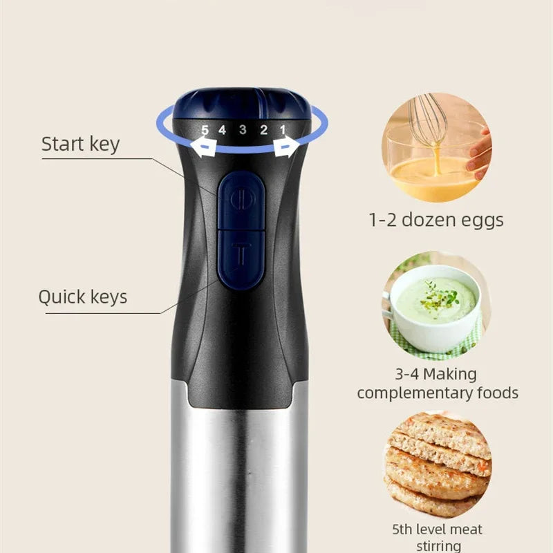 Licuadora de inmersión de cocina de 1000 W, 4 en 1, de acero inoxidable, de mano, picadora de verduras, batidora de huevos, batidora de varilla