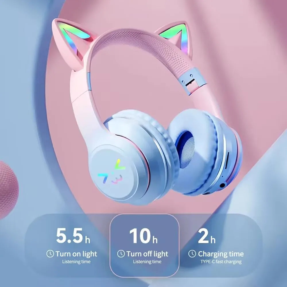 Auriculares portátiles con luz RGB y control por Bluetooth, reducción de ruido con orejas de gato, auriculares inalámbricos con Bluetooth para PC y Gamer